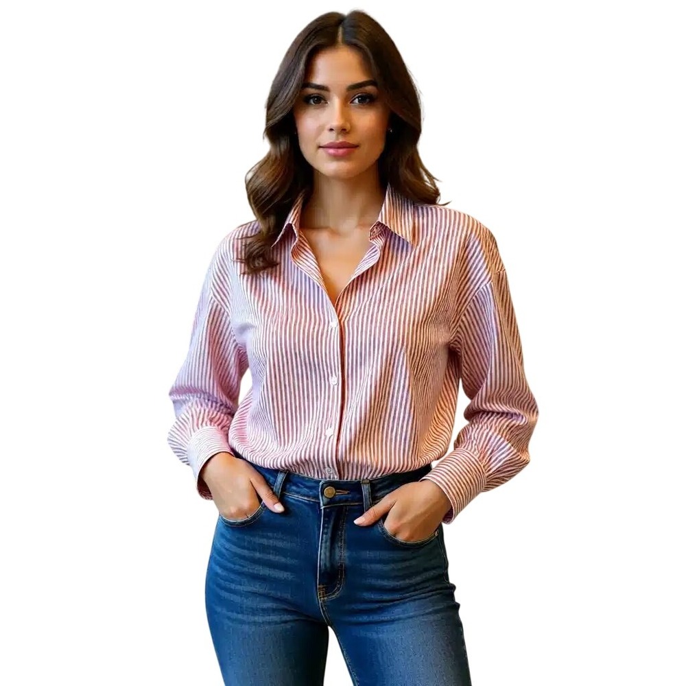 Nine West Jeans Women Striped Button Down Shirt Red White Oversized Blouse L NWT